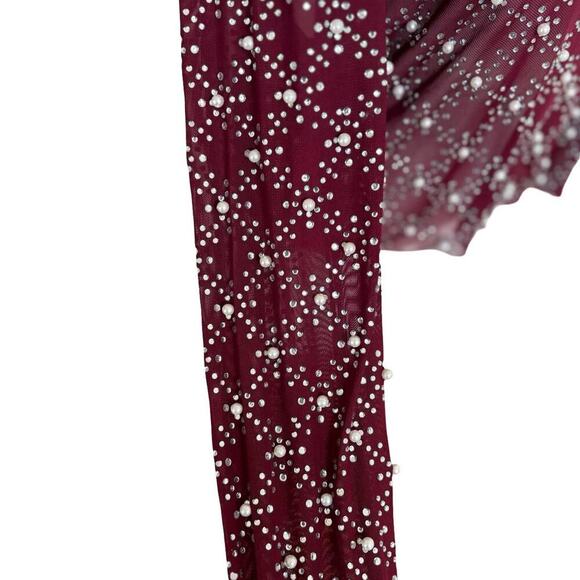 FADED ROSE BURGUNDY LONG SLEEVE MESH PEARL BEADED BLOUSE FADED ROSE  MEDIUM NWT. - Picture 3 of 8